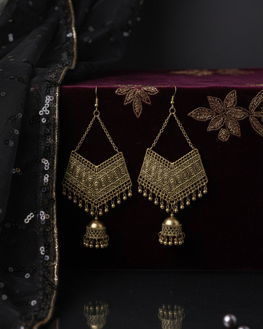 Gold Polished Akshat Oxidised Jhumka Earrings