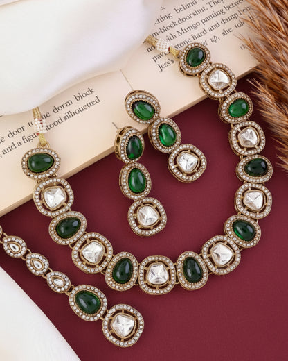 Emerald Rishita Premium Polki Dupe Necklace with Earring and Teeka