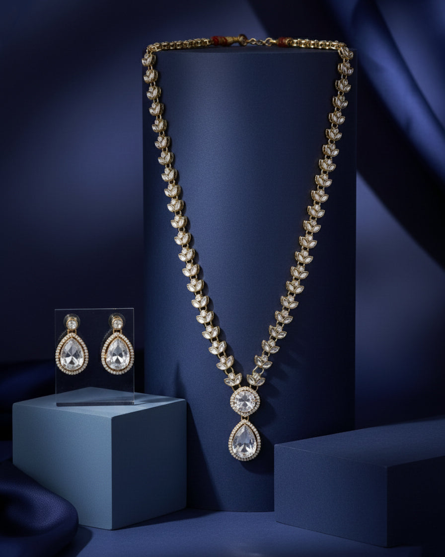 White Yarvi Premium Kundan Necklace With Earrings