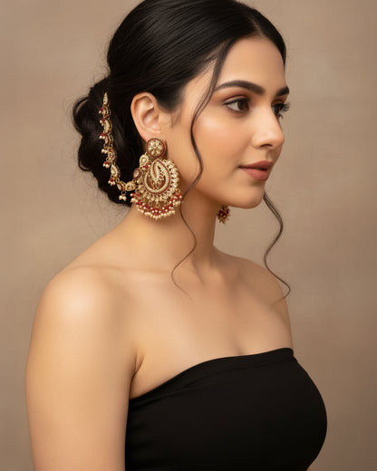 Red Arajashree Bahubali Chandbali with Sahara