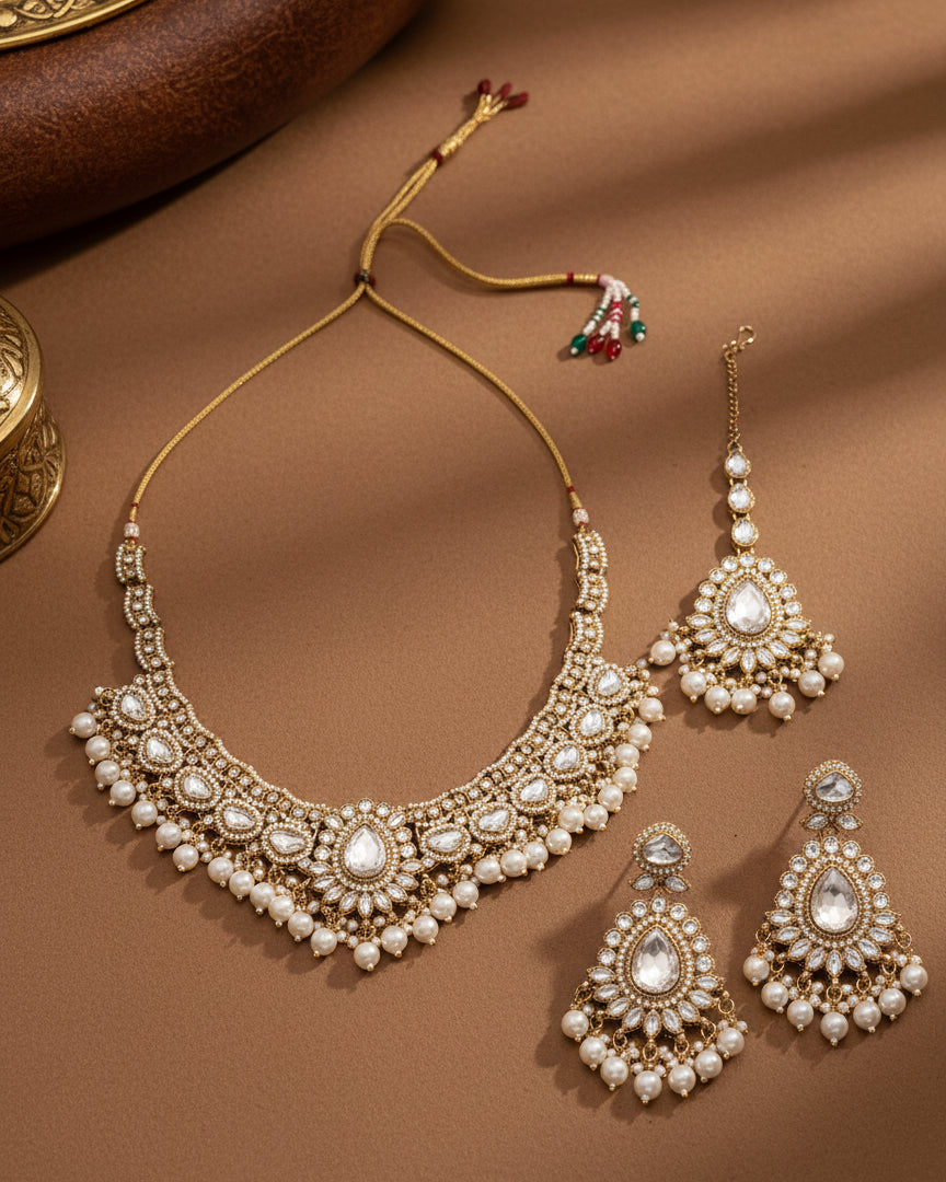 Pearl Savira Premium Polki Dupe Necklace with Earring and Teeka