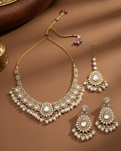 Pearl Savira Premium Polki Dupe Necklace with Earring and Teeka