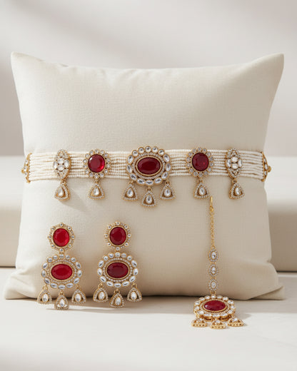 Red Suhen Premium Polki Dupe Choker Necklace With Earring & Teeka