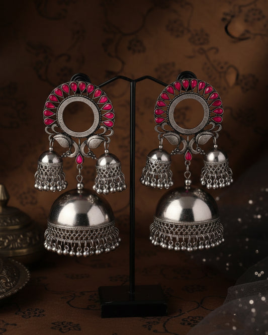 Pink Aroosa Silver Oxidised Jhumka Earrings