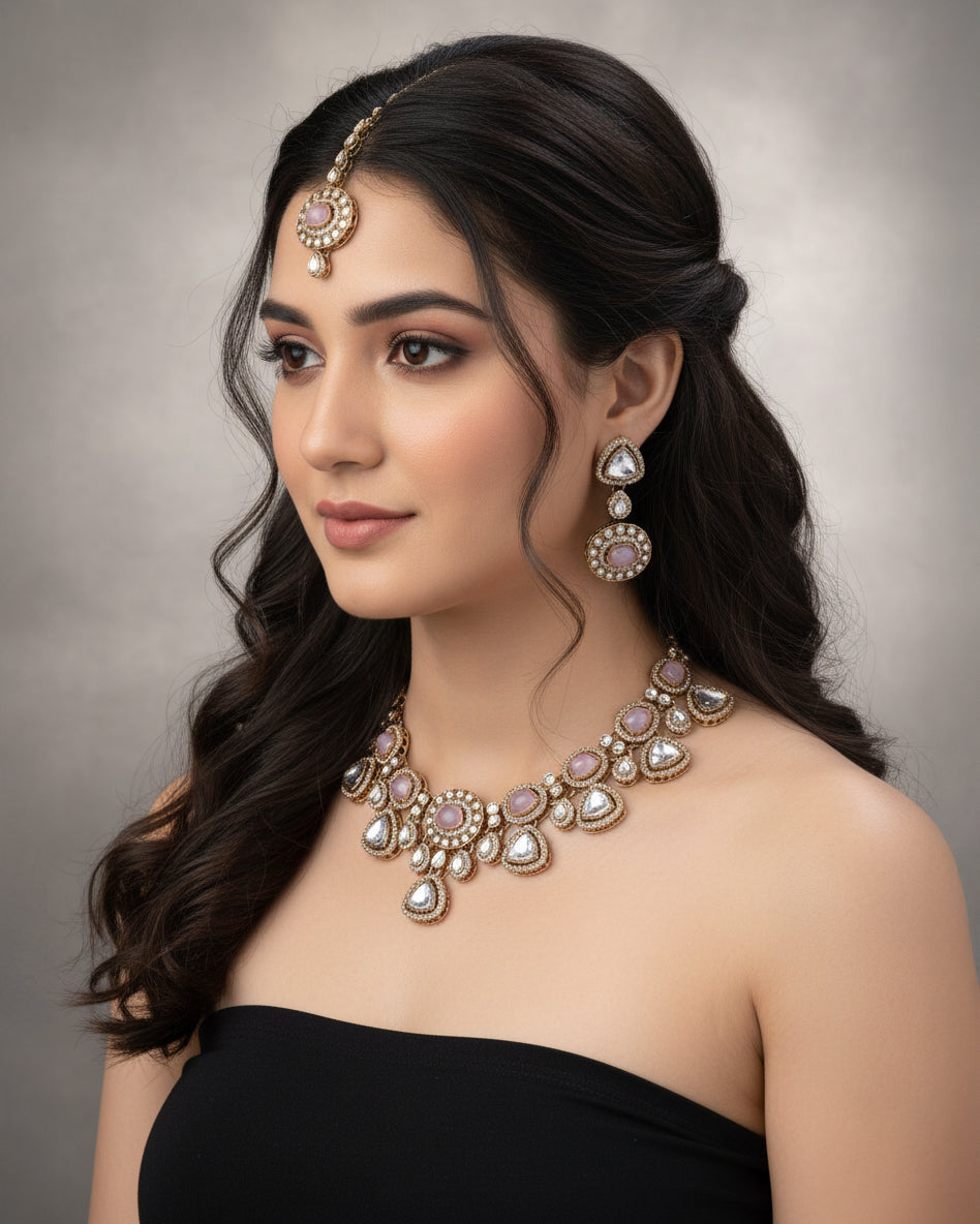 Blush Kavita Premium Polki Dupe Necklace with Earring and Teeka