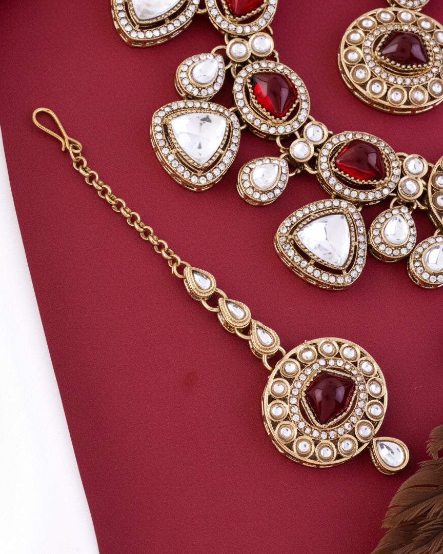 Red Kavita Premium Polki Dupe Necklace with Earring and Teeka
