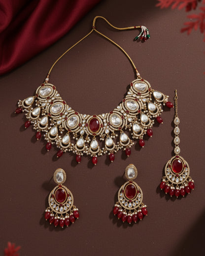 Red Naadiya Premium Polki Dupe Necklace with Earring and Teeka