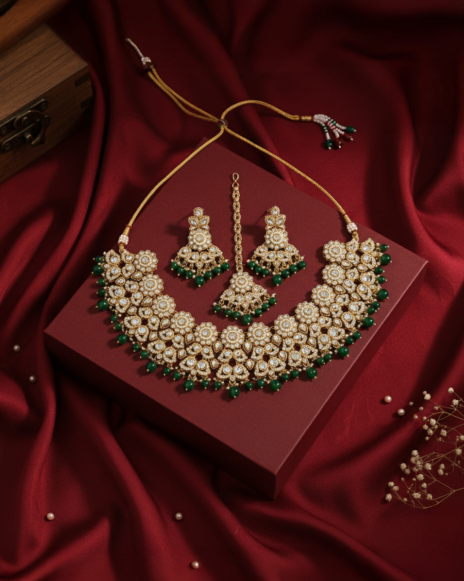 Green Mahvika Premium Necklace with Earring and Teeka