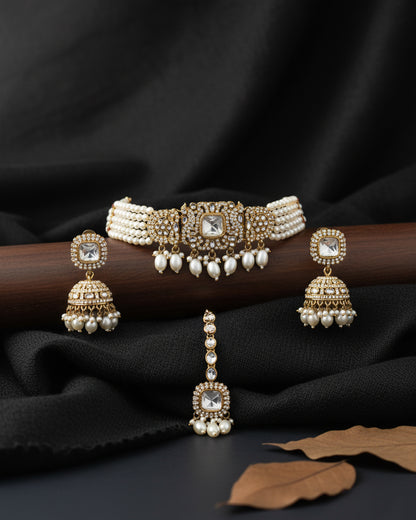 Saurya Pearl Choker Necklace Set With Earring & Teeka