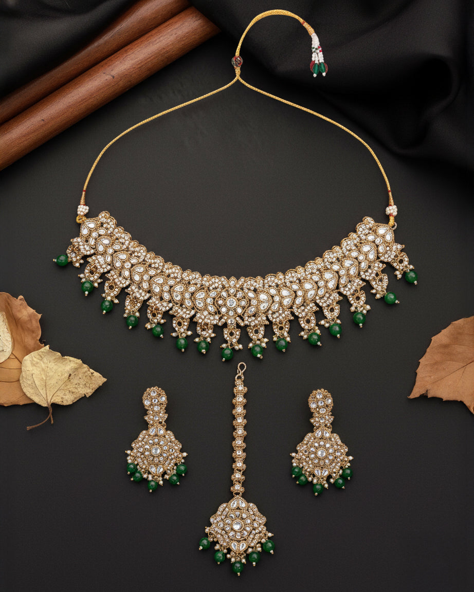 Green Shravya Premium Necklace Set with Earring and Teeka