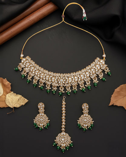 Green Shravya Premium Necklace Set with Earring and Teeka