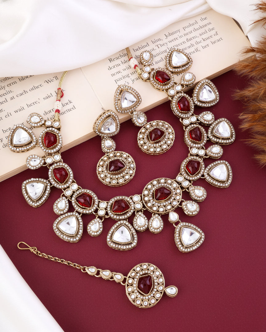 Red Kavita Premium Polki Dupe Necklace with Earring and Teeka