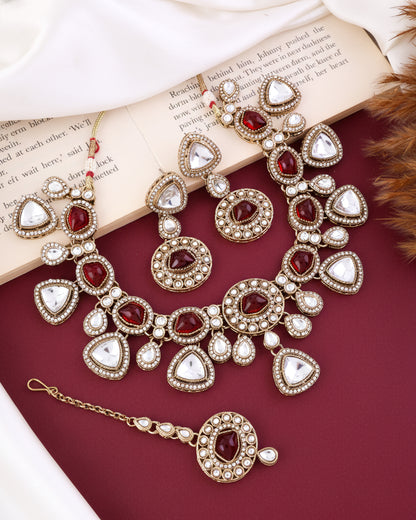 Red Kavita Premium Polki Dupe Necklace with Earring and Teeka