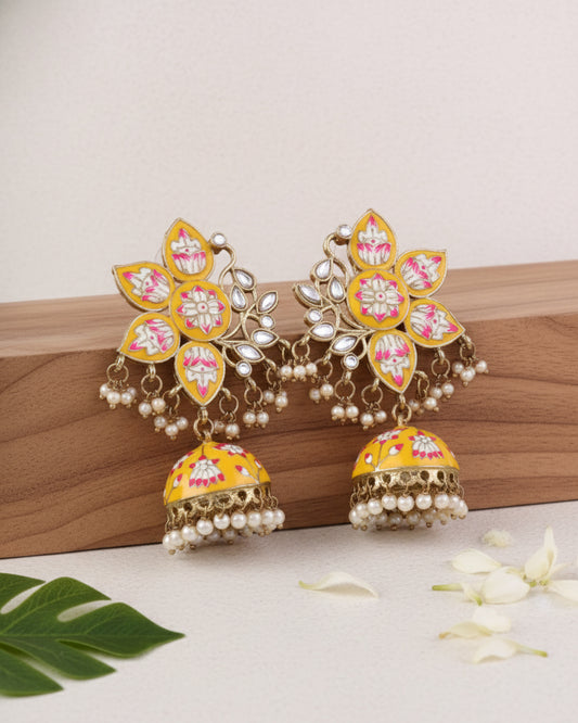 Yellow Mrinalini Lotus Meenakari Jhumki