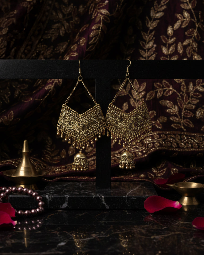 Gold Polished Akshat Oxidised Jhumka Earrings
