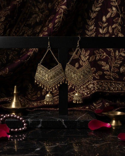 Gold Polished Akshat Oxidised Jhumka Earrings