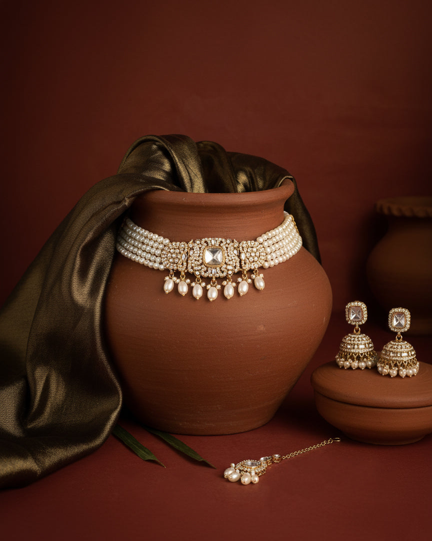 Saurya Pearl Choker Necklace Set With Earring & Teeka