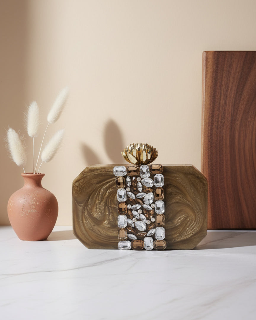 Olive Brown Marina Emblished Resin Clutch