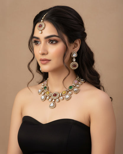 Multi Kavita Premium Polki Dupe Necklace with Earring and Teeka