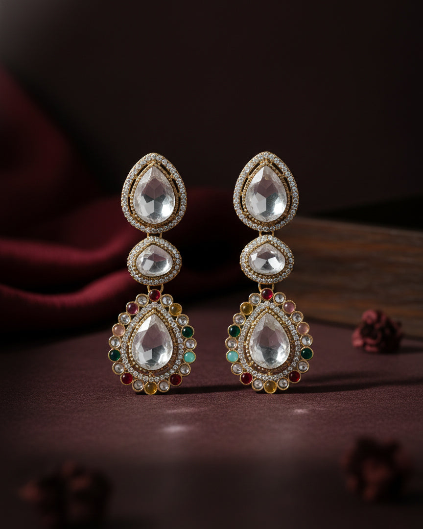 Multi Silver Amani Premium Designer Zircone Polki Dupe Earring