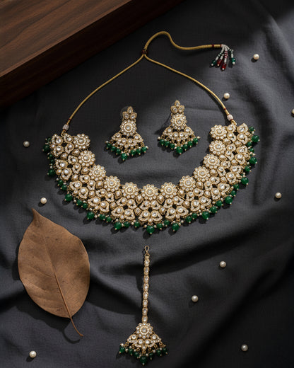 Green Mahvika Premium Necklace with Earring and Teeka