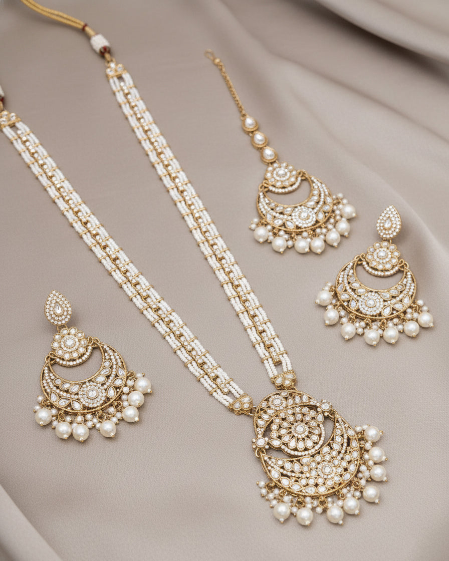 Pearl Travini Premium Long Necklace With Earring & Teeka