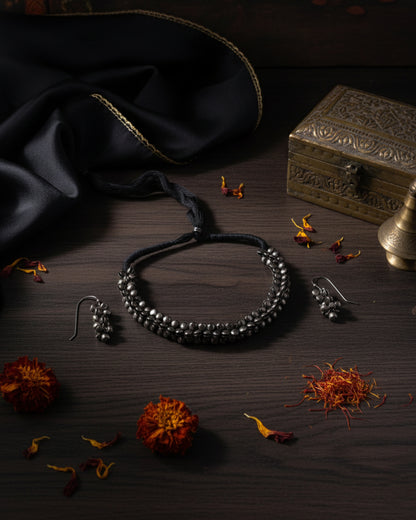 Silver Daaira Oxidised Necklace Set With Earrings