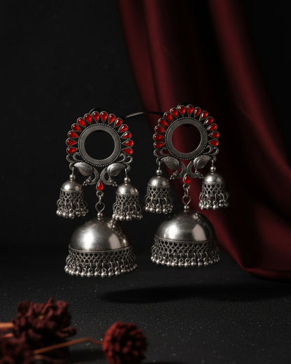 Red Aroosa Silver Oxidised Jhumka Earrings