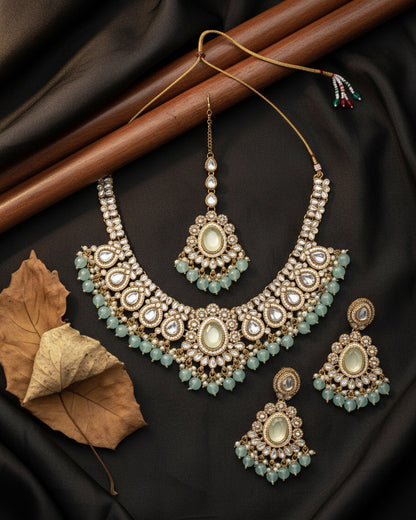 Turquoise Kavisha Premium Polki Dupe Necklace Set with Earring and Teeka