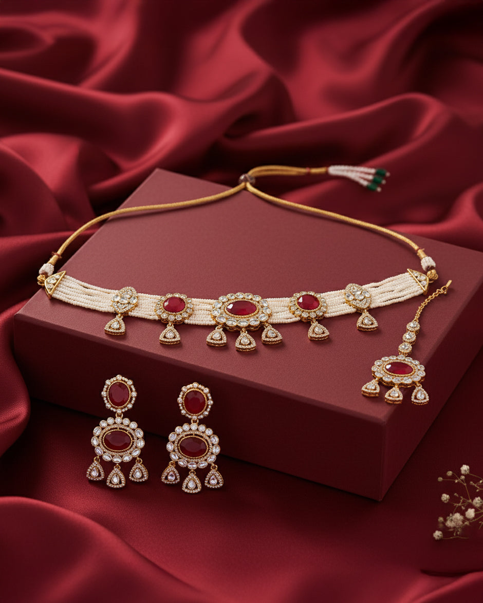 Red Suhen Premium Polki Dupe Choker Necklace With Earring & Teeka