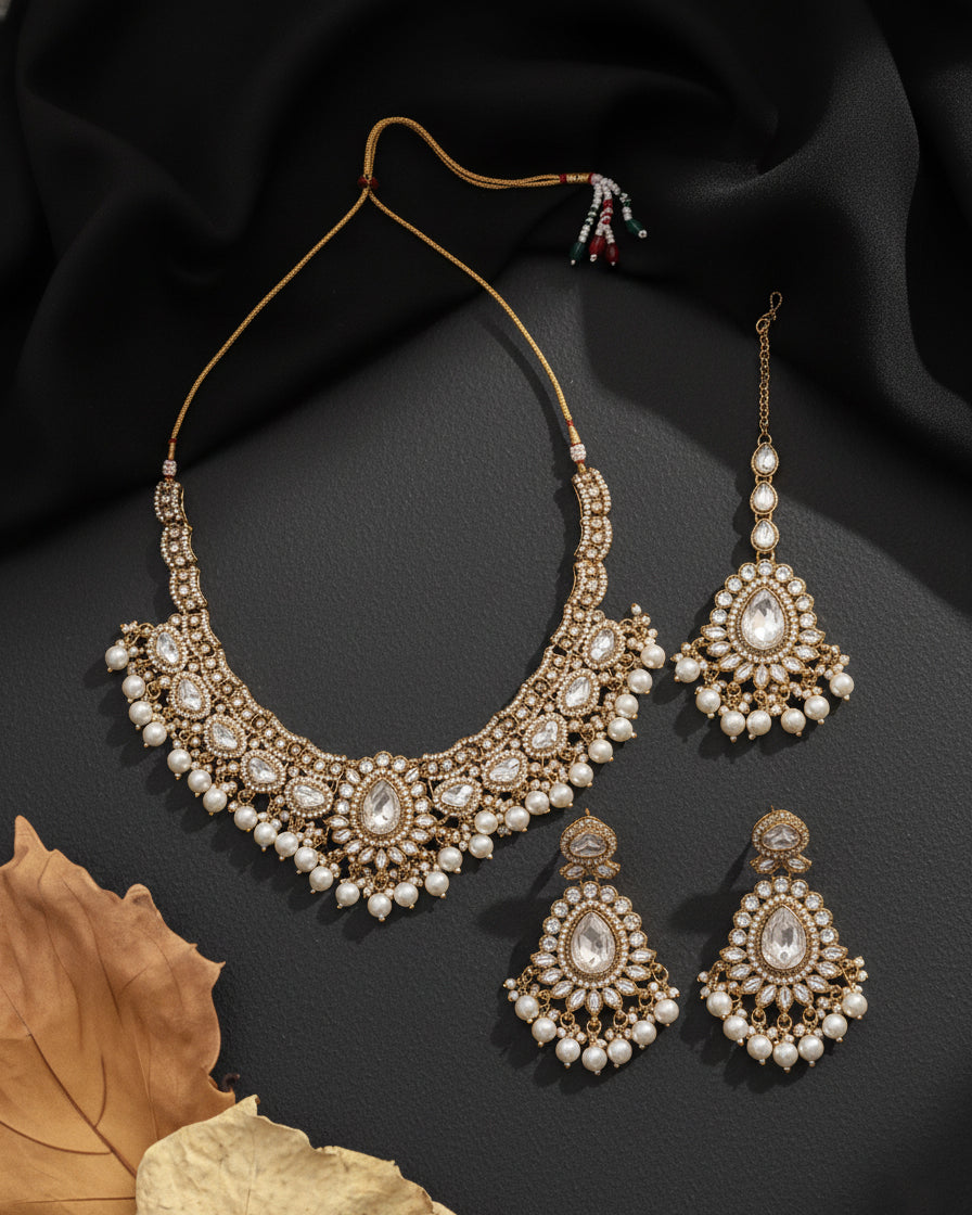 Pearl Savira Premium Polki Dupe Necklace with Earring and Teeka