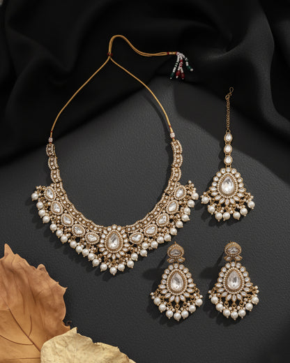 Pearl Savira Premium Polki Dupe Necklace with Earring and Teeka