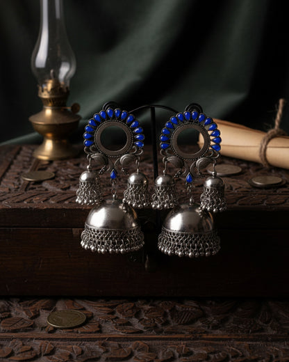 Blue Aroosa Silver Oxidised Jhumka Earrings