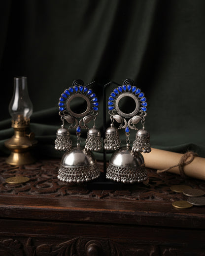 Blue Aroosa Silver Oxidised Jhumka Earrings