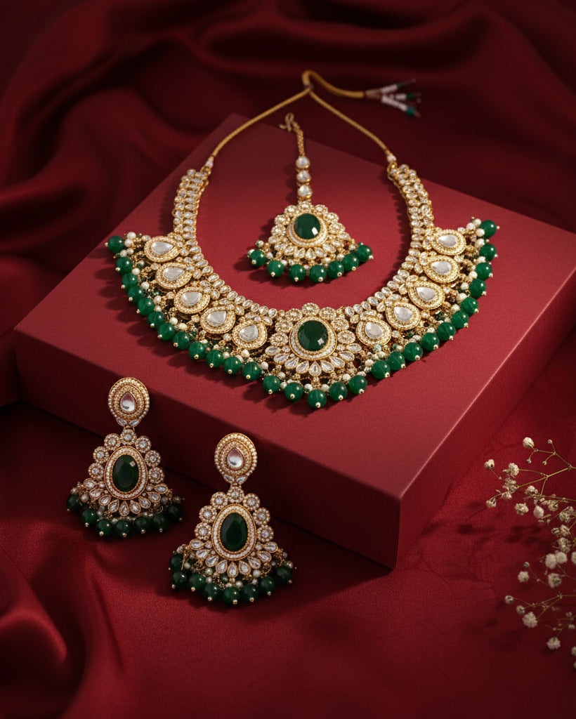 Green Kavisha Premium Polki Dupe Necklace Set with Earring and Teeka