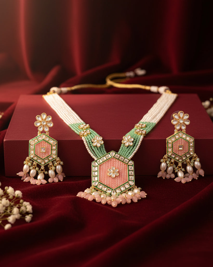 Blush Mint Neelika Long Necklace Set with Earring
