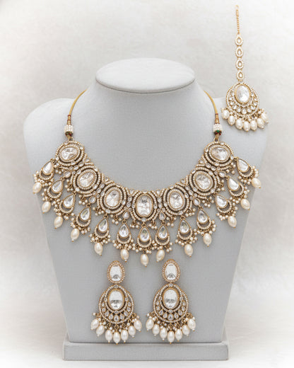 Pearl Naadiya Premium Polki Dupe Necklace with Earring and Teeka