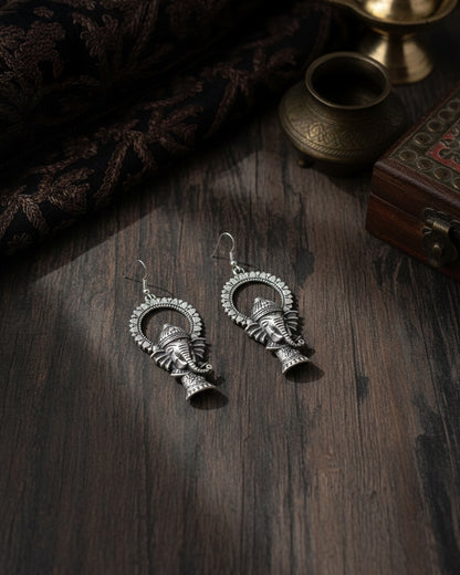 Silver Darshil Ganesha Oxidised Earrings