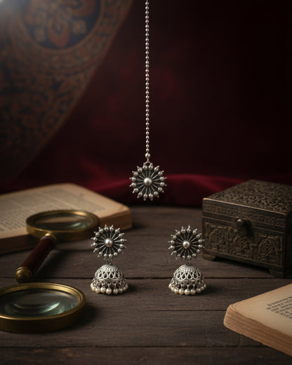 Silver Rudvik Oxidised Mang Tikka & Jhumka Set