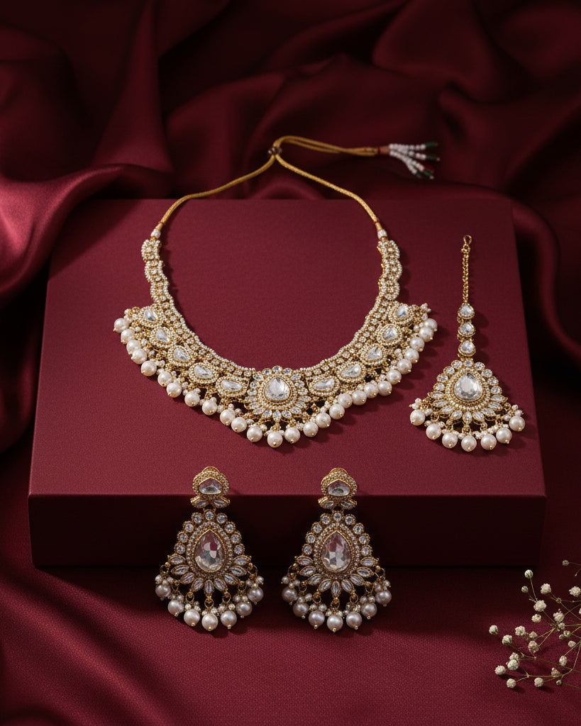 Pearl Savira Premium Polki Dupe Necklace with Earring and Teeka