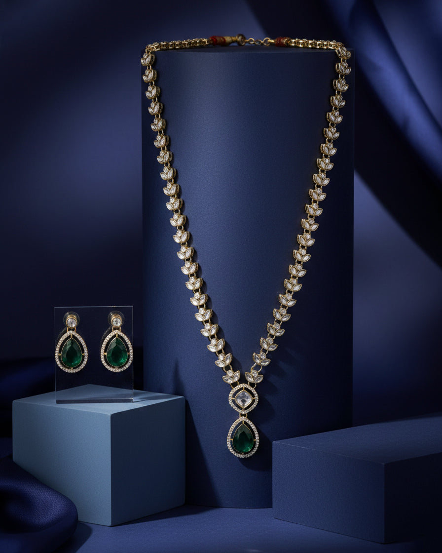 Green Yarvi Premium Kundan Necklace With Earrings