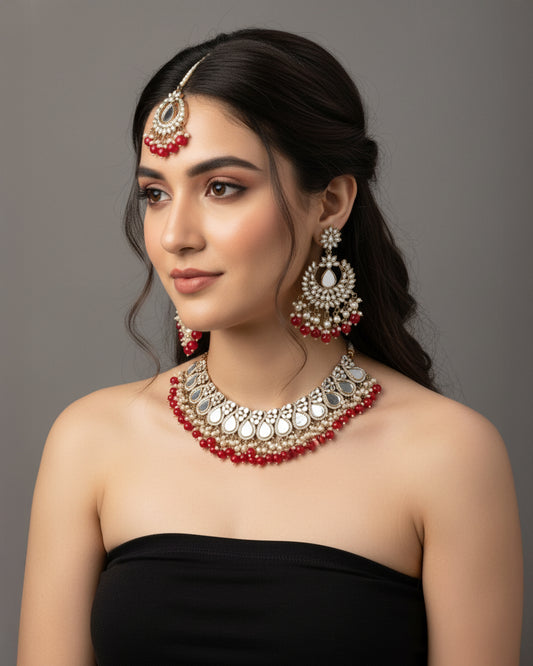 Red Sehnaz Mirror Necklace Earring & Maangteeka
