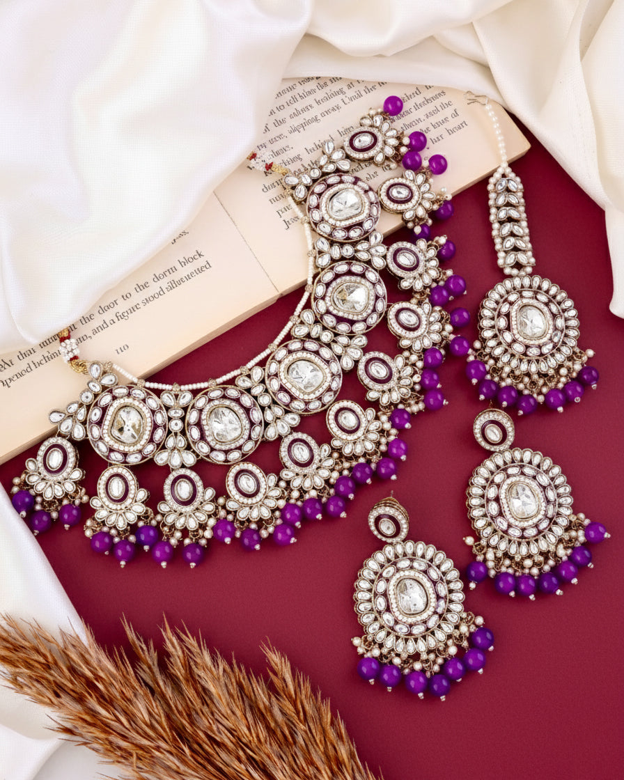 Purple Vyanika Necklace Earring with Teeka