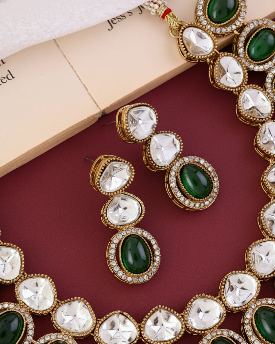 Emerald Arshiya Premium Polki Dupe Necklace with Earring and Teeka