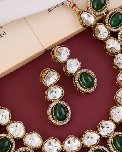 Emerald Arshiya Premium Polki Dupe Necklace with Earring and Teeka