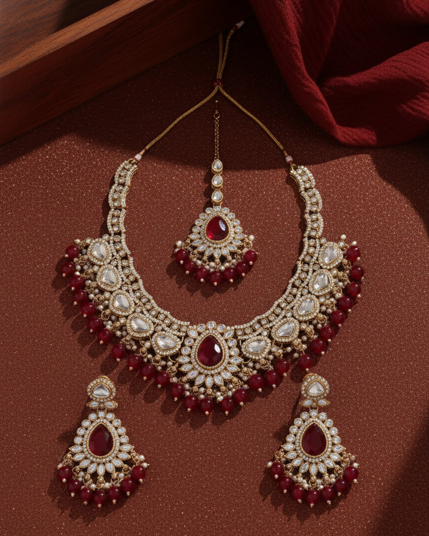 Red Savira Premium Polki Dupe Necklace with Earring and Teeka