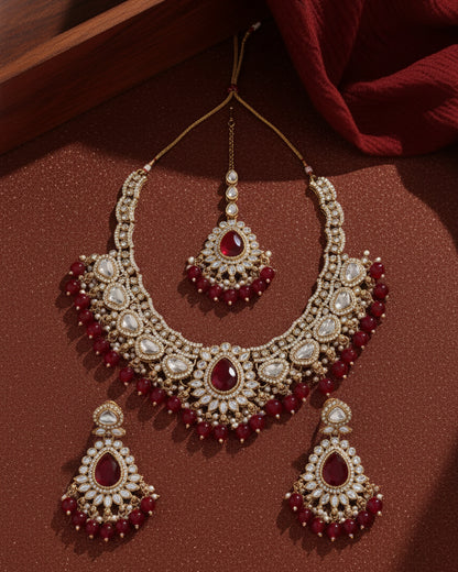 Red Savira Premium Polki Dupe Necklace with Earring and Teeka