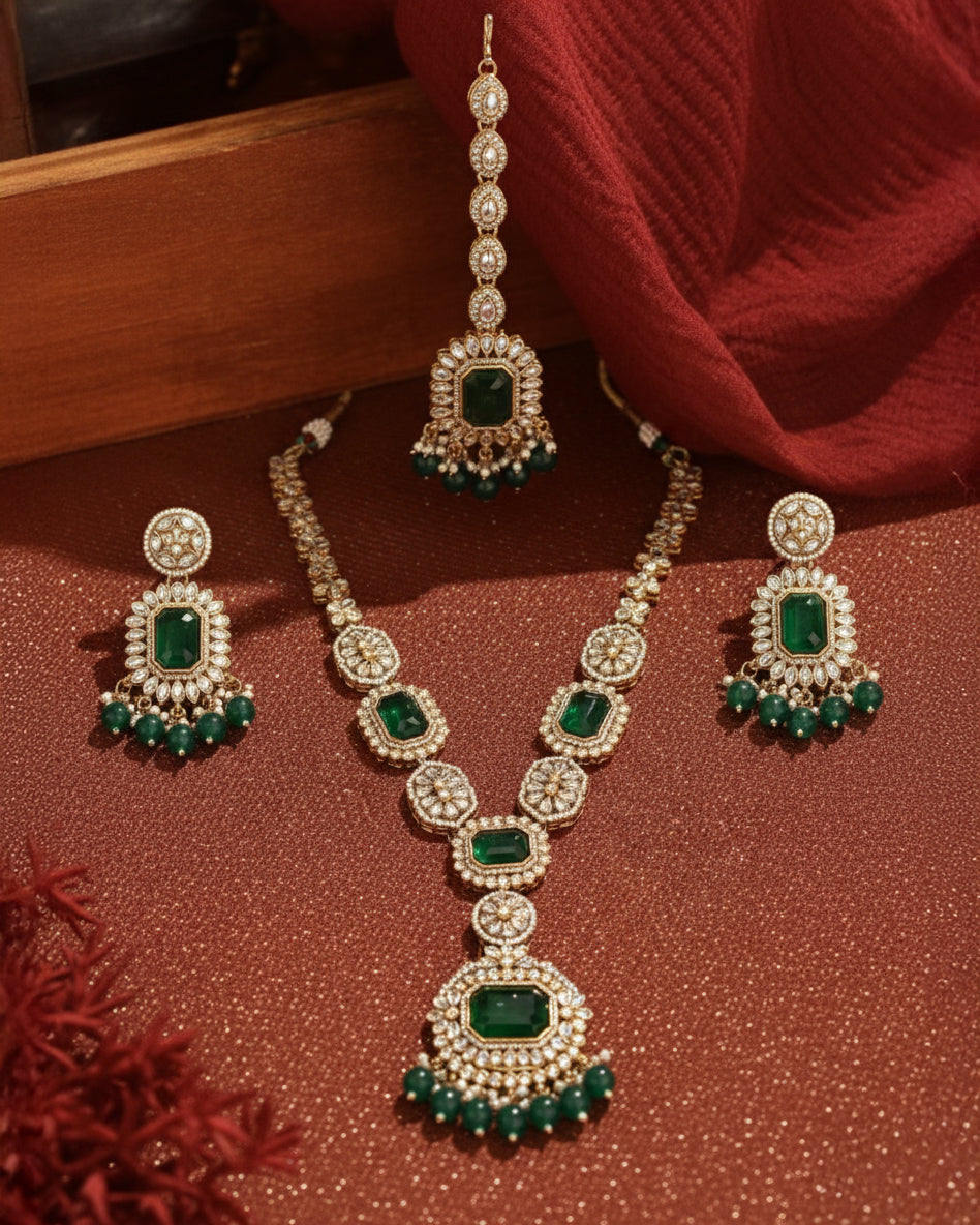 Green Naavir Premium Polki Dupe Long Necklace with Earring and Teeka
