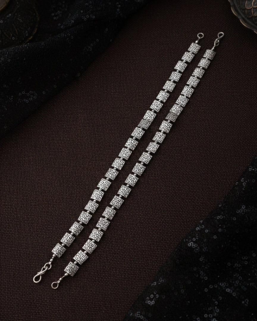 Silver Yash Oxidised Anklet - 2 Pair
