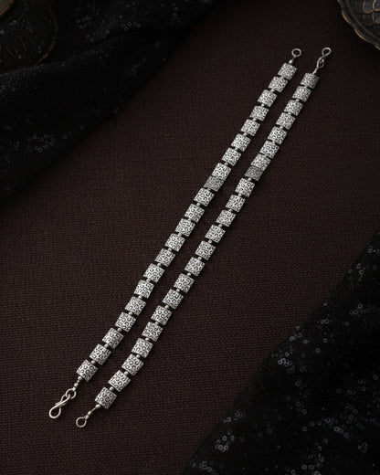 Silver Yash Oxidised Anklet - 2 Pair